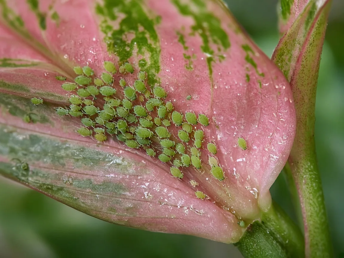 Close-up of soft green aphids clustered on a new rose-pink variegated leaf at the Aglaonema Lady Valentine crown