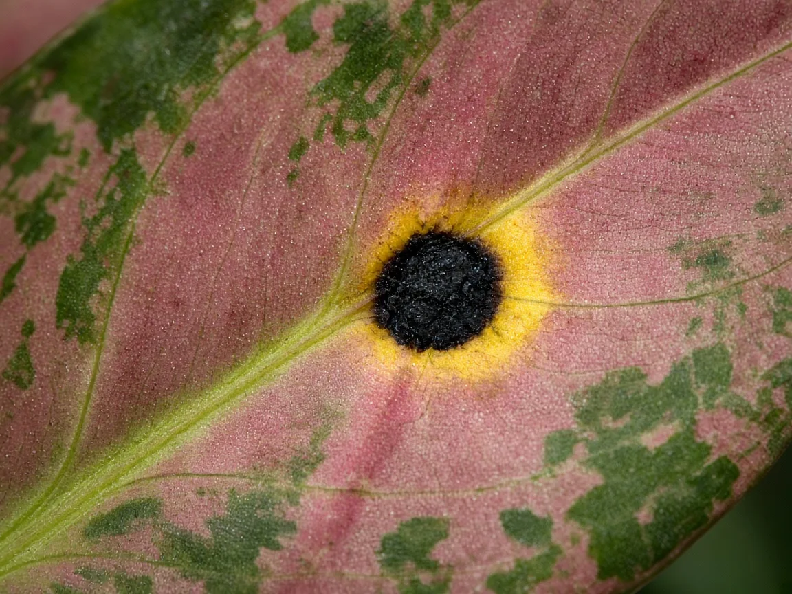 Close-up of black spots on Lady Valentine pink variegated leaf