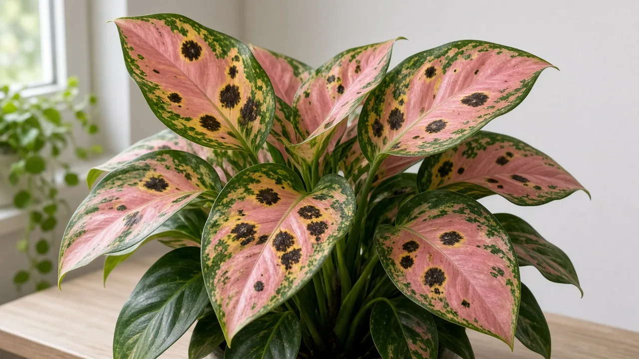 Black Spots on Aglaonema Lady Valentine - lesions on pink variegated leaves