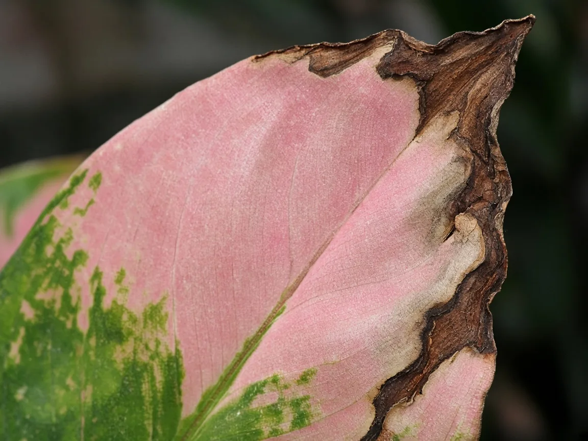 Close-up of brown necrotic tips on Lady Valentine pink leaf