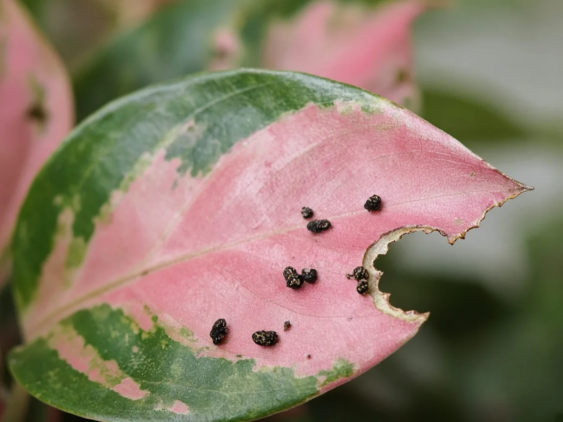 Close-up of caterpillar damage on Aglaonema Lady Valentine - irregular chewed notches on broad rose-pink and green leaf with dark frass pellets