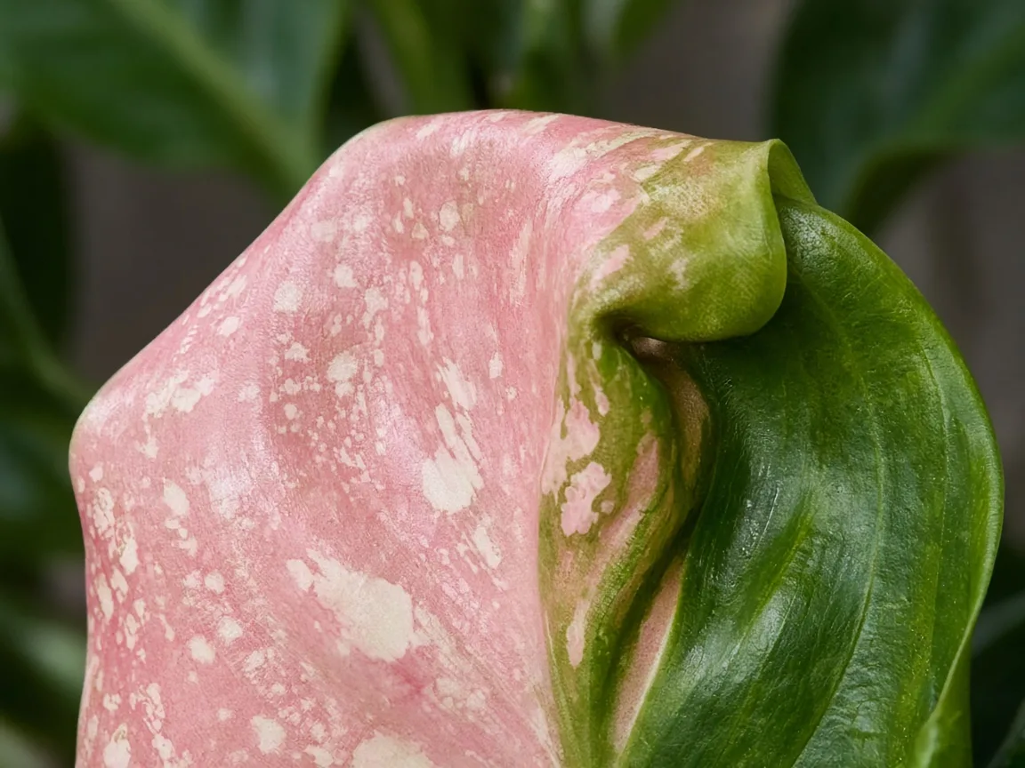 Close-up of curling leaves on Aglaonema Lady Valentine - cupped pink zone on variegated blade