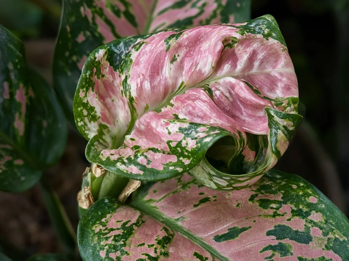 Close-up of distorted leaves on Aglaonema Lady Valentine - puckered pink zone on twisted new blade