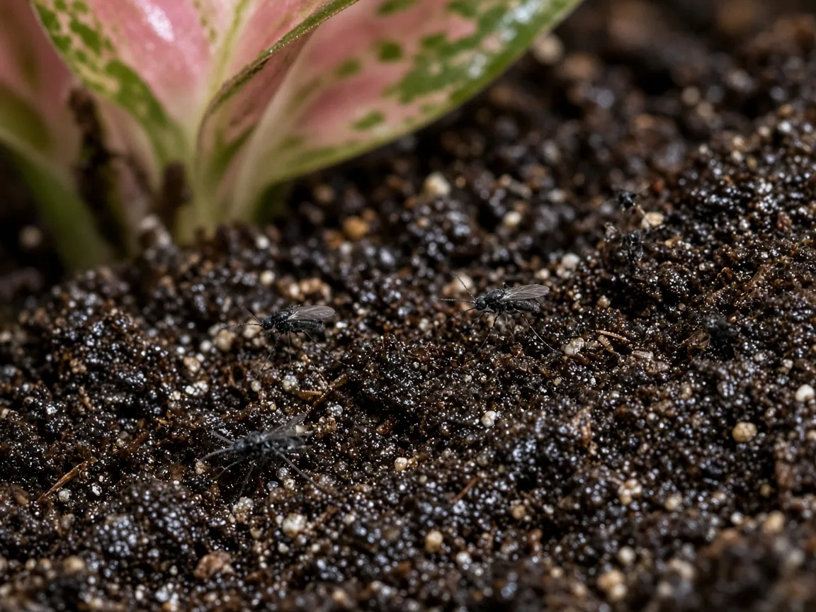 Close-up of fungus gnats on damp potting mix at the base of Aglaonema Lady Valentine broad pink-variegated leaves