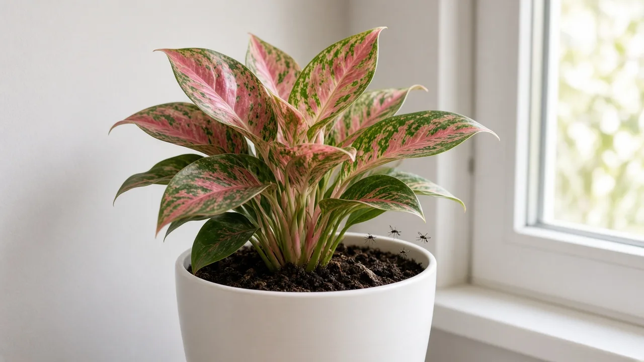 Fungus gnats on Aglaonema Lady Valentine - tiny flies hovering above damp peat soil at the base of broad rose-pink variegated leaves