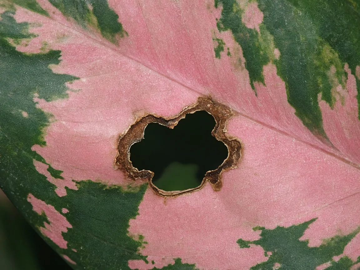 Close-up of holes in leaves on Aglaonema Lady Valentine - irregular gap in pink zone with brown rim