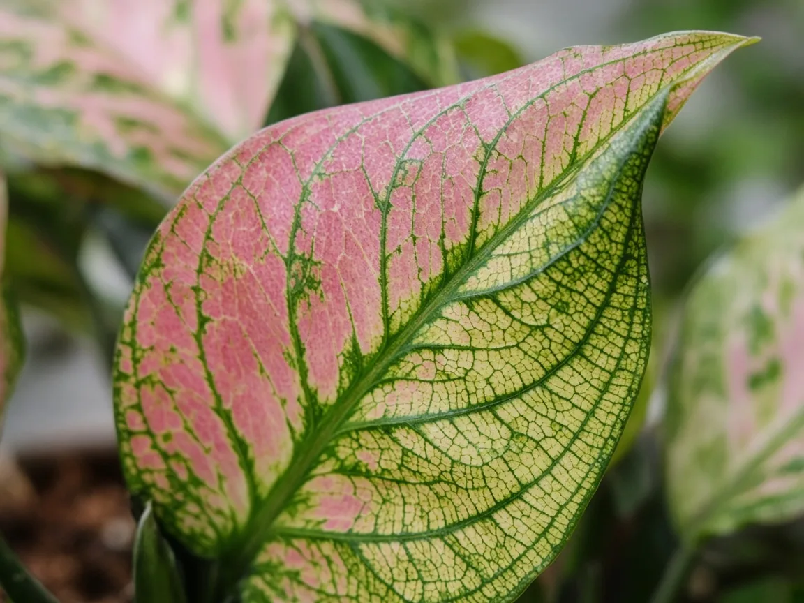 Close-up of interveinal chlorosis on new Lady Valentine crown leaf