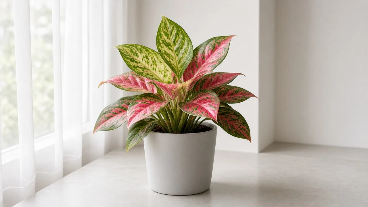 Iron deficiency on Aglaonema Lady Valentine - pale new variegated leaf with green veins at the crown flush
