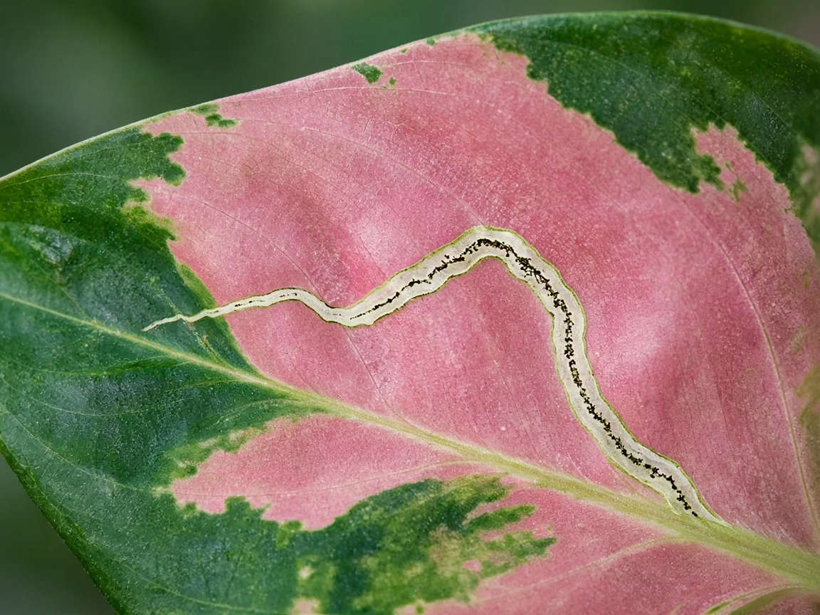 Close-up of a pale serpentine leaf miner tunnel inside a broad Aglaonema Lady Valentine rose-pink and green variegated leaf