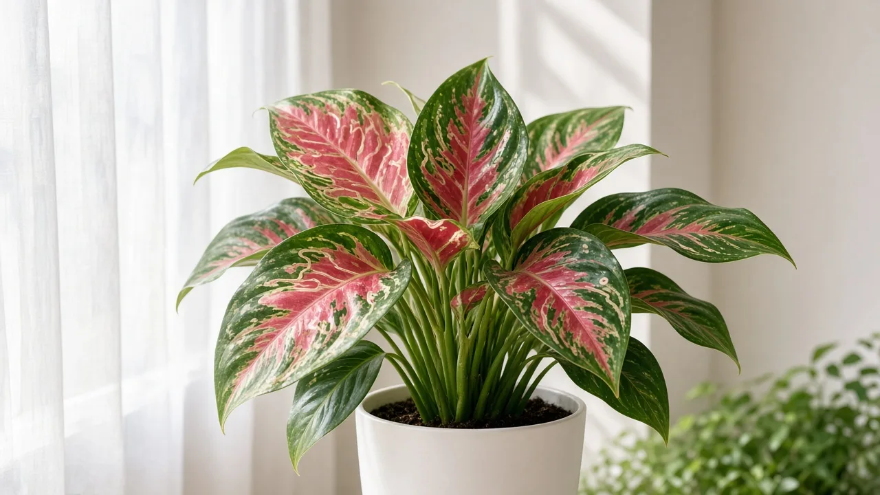 Leaf miners on Aglaonema Lady Valentine - pale serpentine tunnels winding through broad rose-pink and green variegated leaves