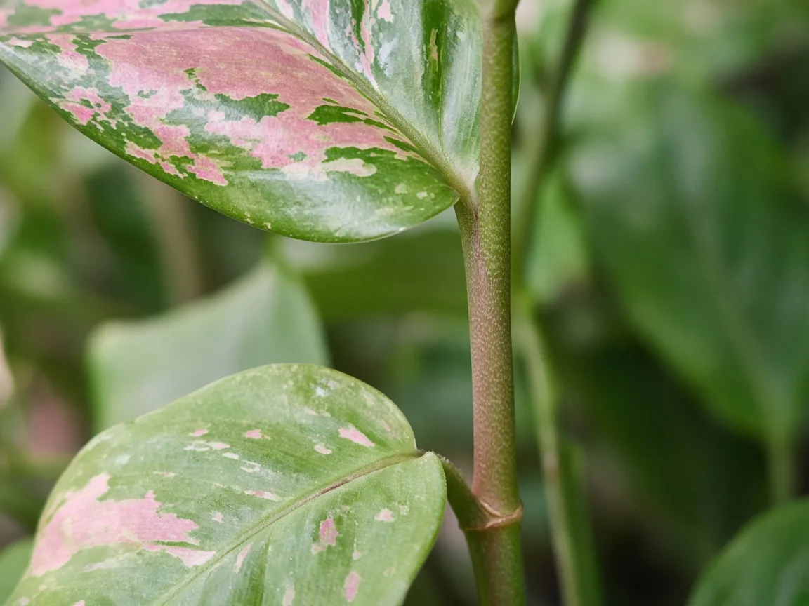 Close-up of leggy growth on Aglaonema Lady Valentine - elongated petioles with wide gaps between rose-pink and green leaves