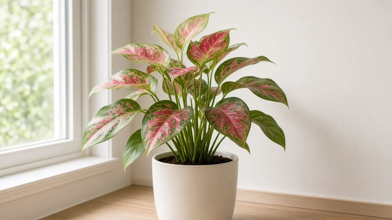 Leggy growth on Aglaonema Lady Valentine - tall upright clump leaning toward window with long bare petioles between pink-green leaves