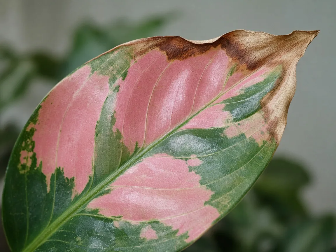 Close-up of low humidity on Aglaonema Lady Valentine - papery brown tips on rose-pink variegated leaves