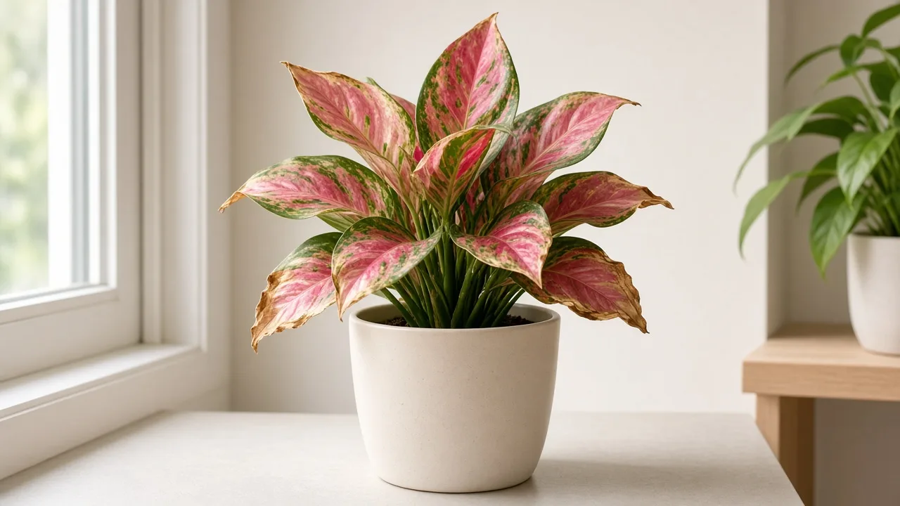 Low humidity on Aglaonema Lady Valentine - papery brown tips on rose-pink variegated leaves beside a winter heating vent