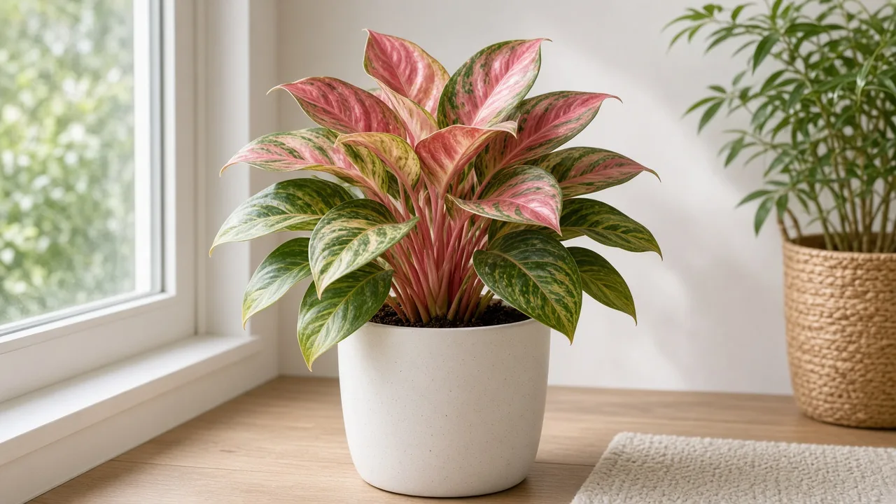 Magnesium deficiency on Aglaonema Lady Valentine - yellow between green veins on older lower broad leaves