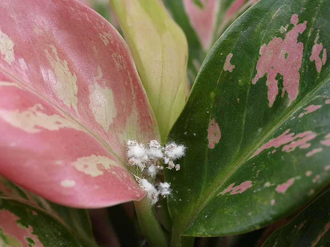 Close-up of white cottony mealybug clusters nestled in an Aglaonema Lady Valentine crown axil between broad pink-blushed leaves