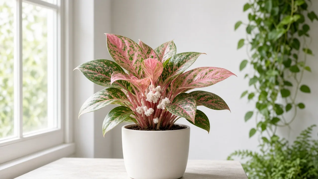 Mealybugs on Aglaonema Lady Valentine - white cottony clusters in crown axils on pink-blushed Chinese evergreen leaves