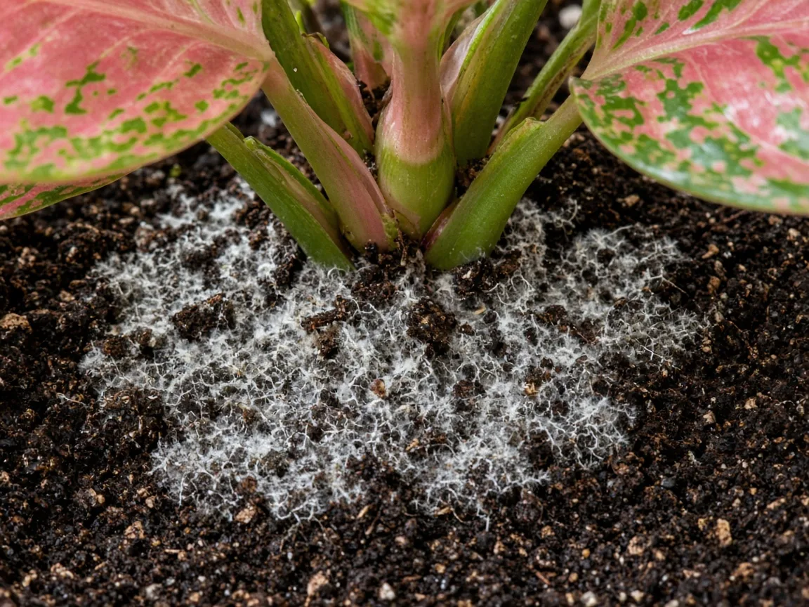 Close-up of mold on soil on Aglaonema Lady Valentine - white fuzzy threads on damp peat at the base of broad pink-variegated leaves