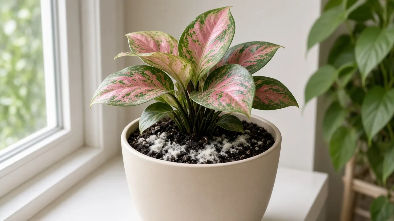 Mold on soil on Aglaonema Lady Valentine - white fuzzy growth on damp peat at the base of broad rose-pink variegated leaves
