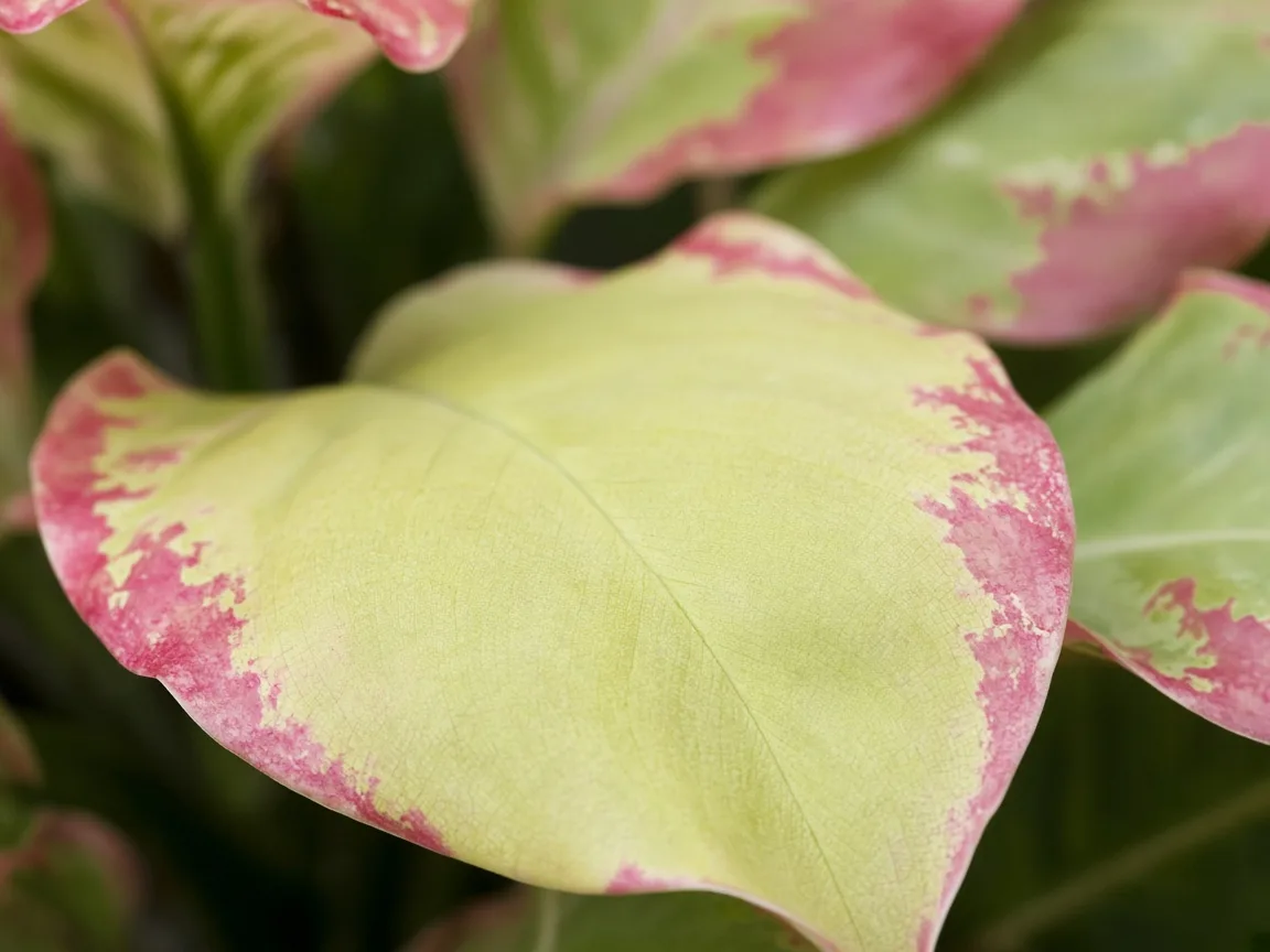 Close-up of nitrogen deficiency on Aglaonema Lady Valentine - uniform pale yellow-green on oldest lower broad leaf