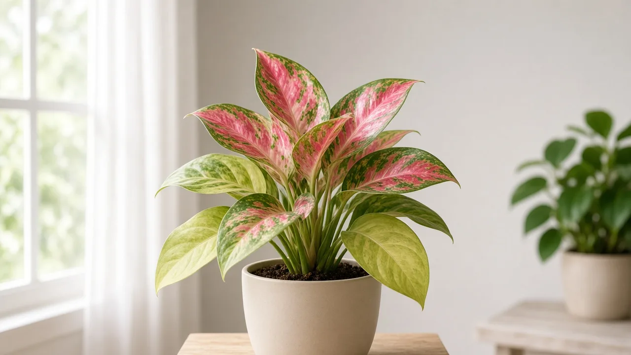 Nitrogen deficiency on Aglaonema Lady Valentine - oldest lower broad leaves uniformly pale yellow-green on pink variegated Chinese evergreen