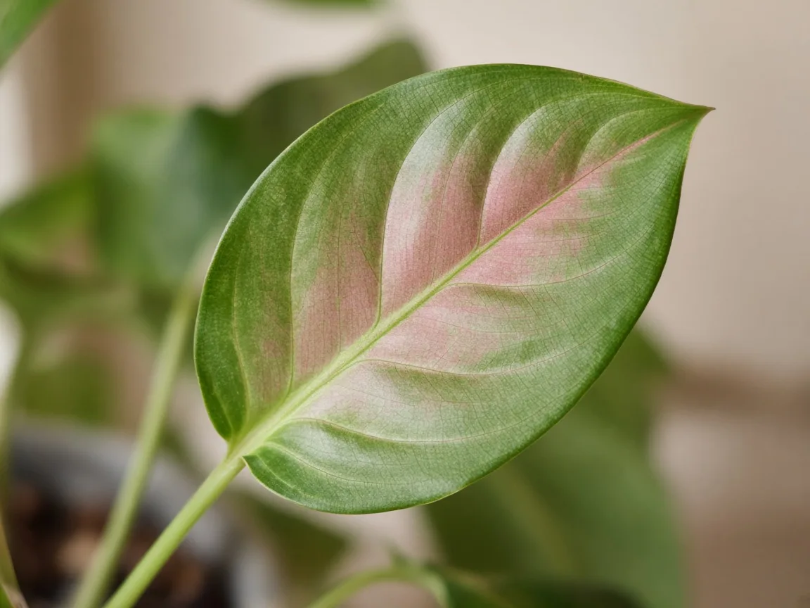 Close-up of a new Lady Valentine leaf opening mostly green with faint pink blush on an elongated petiole