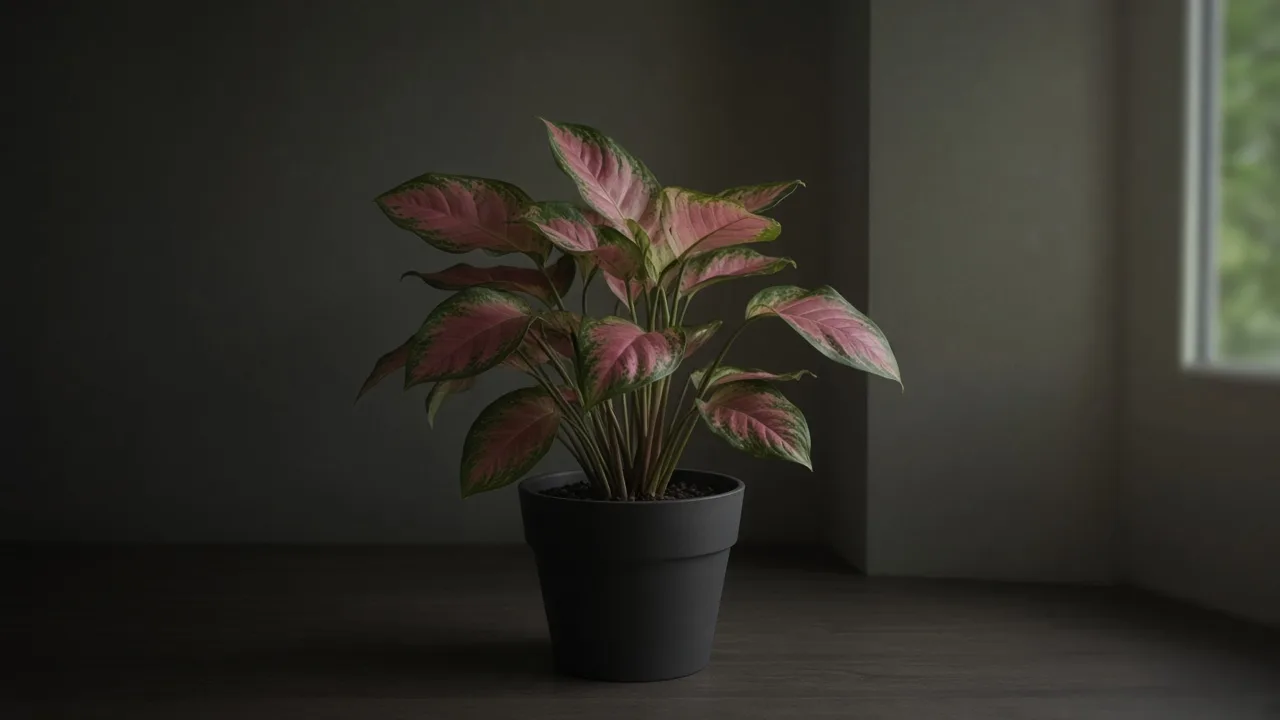 Not enough light on Aglaonema Lady Valentine - leggy pink Chinese evergreen with faded green new leaves in a dim indoor corner
