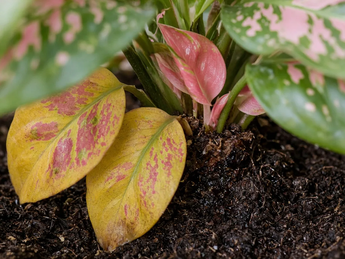 Close-up of yellow lower broad leaves and dark damp soil at the base of Aglaonema Lady Valentine