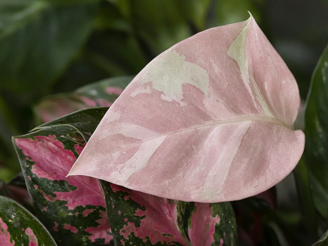 Close-up of pale leaves on Aglaonema Lady Valentine - faded pink zones on newest blade