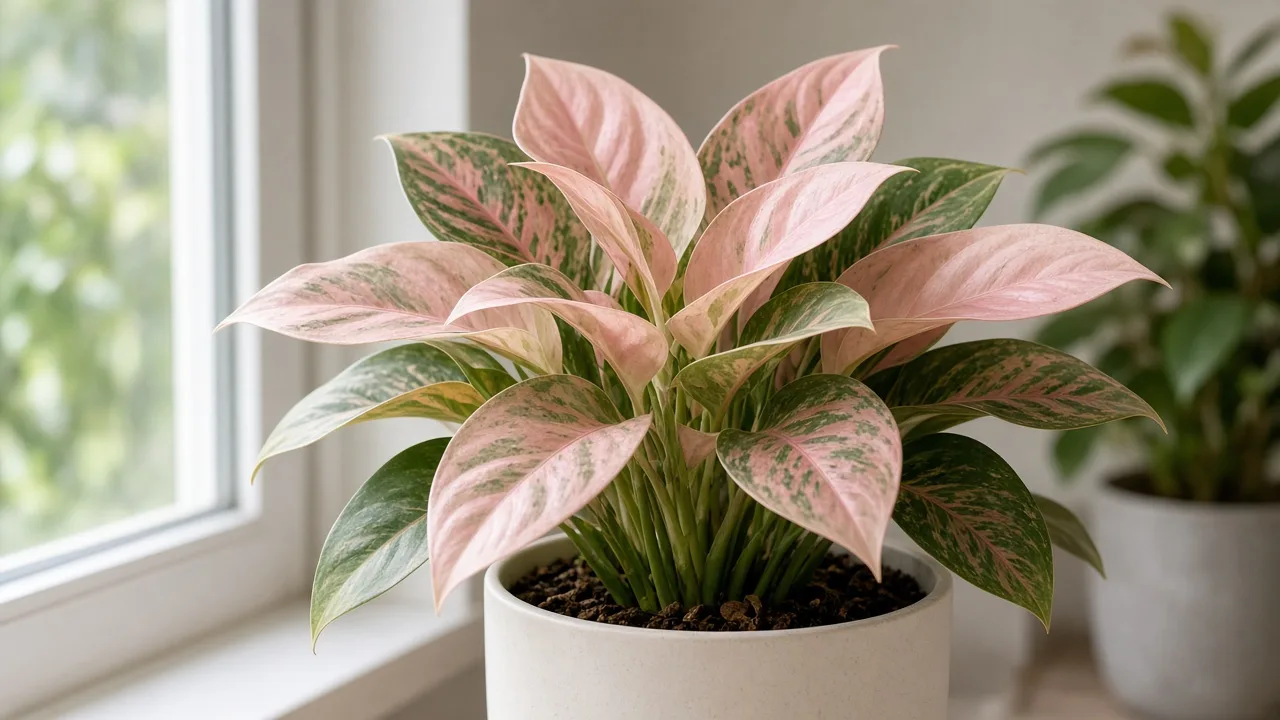 Pale leaves on Aglaonema Lady Valentine - washed-out pink variegation on broad blades