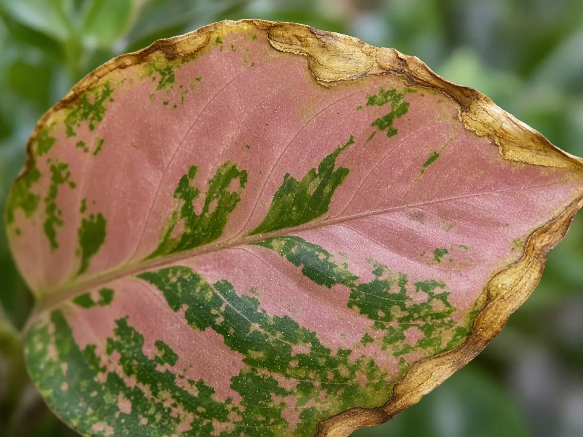 Close-up of yellow-tan scorch along the outer margin of an older Aglaonema Lady Valentine broad leaf with rose-pink and green variegation still visible in the interior tissue