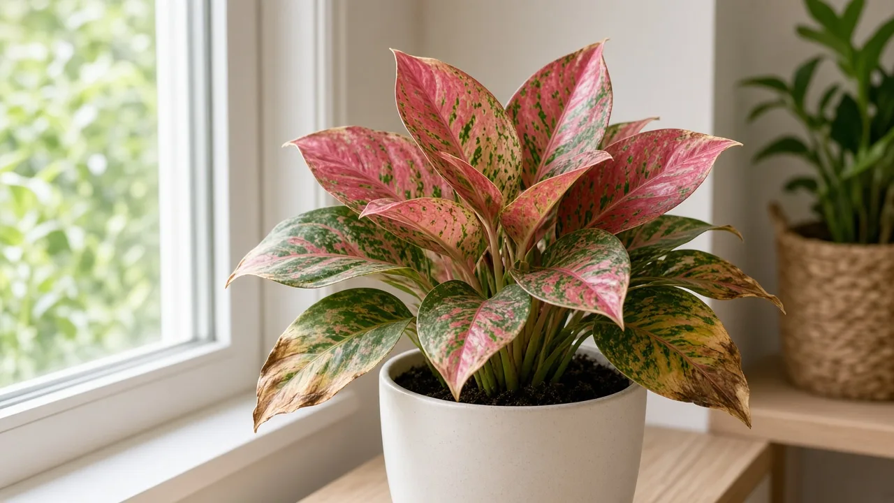Potassium deficiency on Aglaonema Lady Valentine - scorched margins on older lower broad leaves