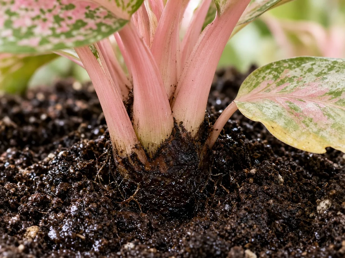 Close-up of root rot on Aglaonema Lady Valentine — soft dark crown tissue and yellowing lower pink-blushed leaf