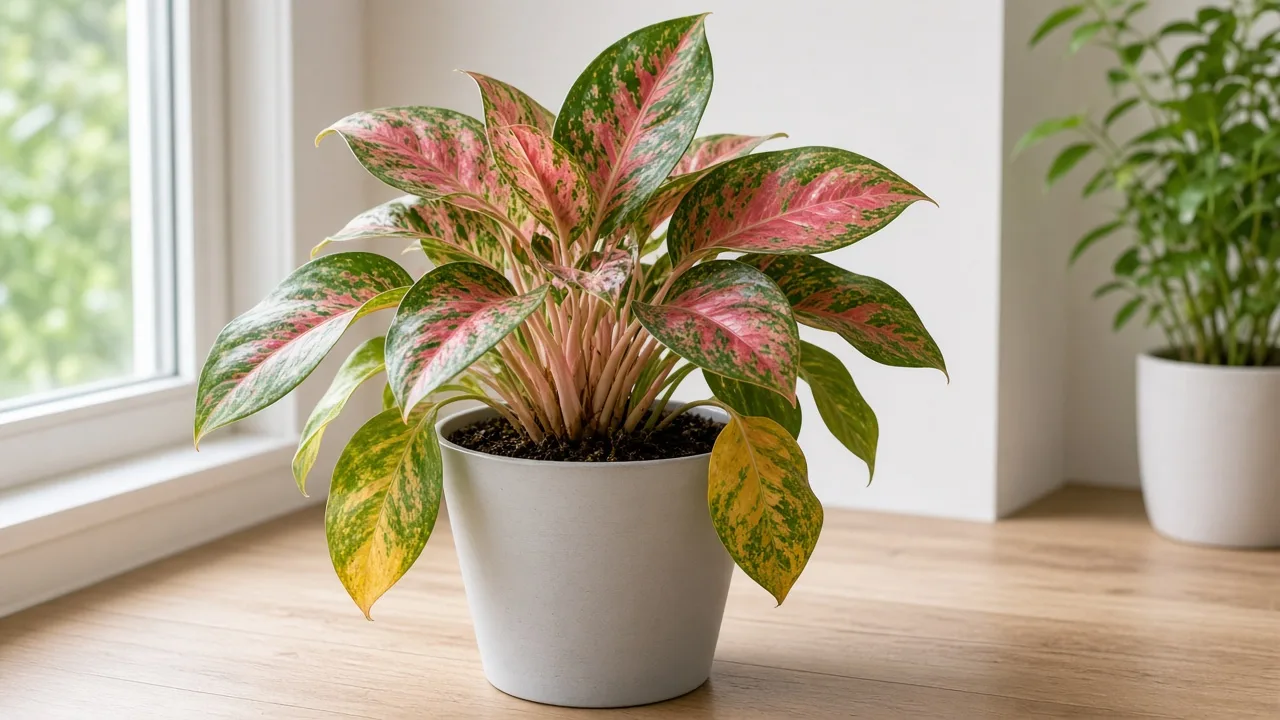 Root rot on Aglaonema Lady Valentine — yellowing lower pink-blushed leaves on a heavy wet pot in dim light