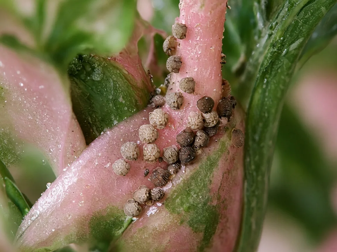 Close-up of tan scale insect bumps along the petiole base of a broad rose-pink Aglaonema Lady Valentine leaf