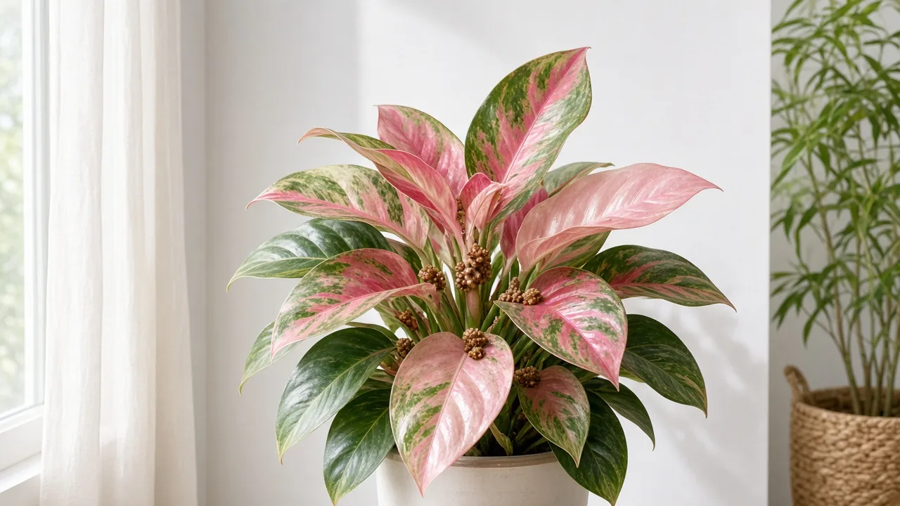 Scale insects on Aglaonema Lady Valentine - tan bumps on broad pink-blushed Chinese evergreen petiole bases