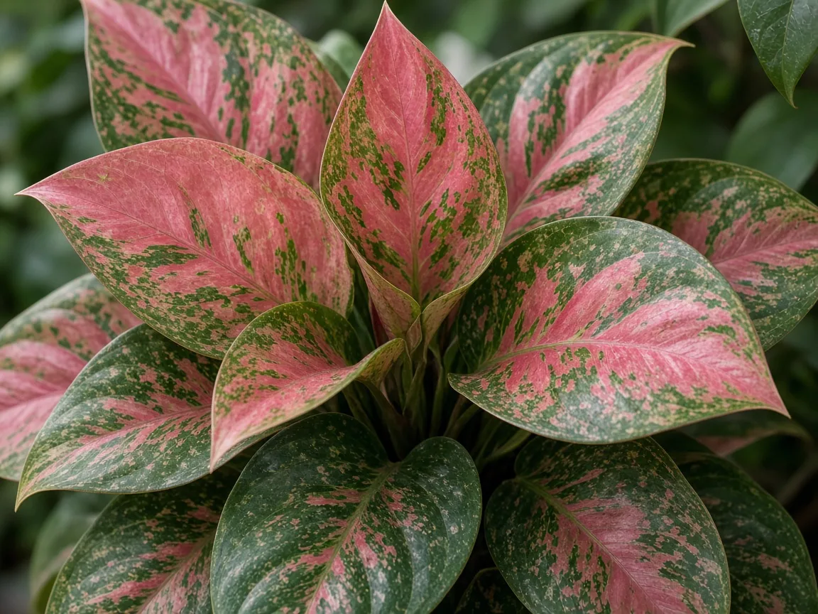Close-up of Aglaonema Lady Valentine crown center with tight broad leaf spacing and no fresh rose-pink blade emerging