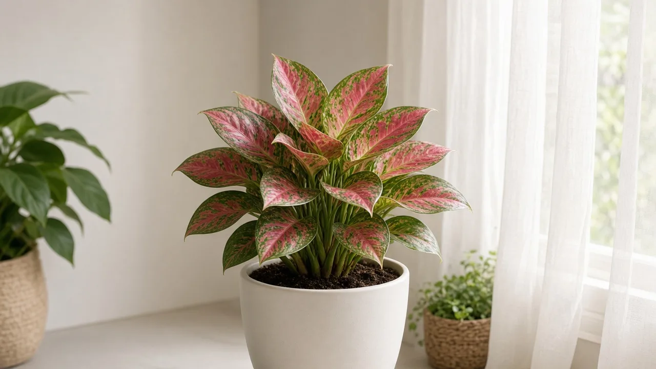 Slow growth on Aglaonema Lady Valentine - compact upright clump with tight crown spacing and no fresh rose-pink leaf flush