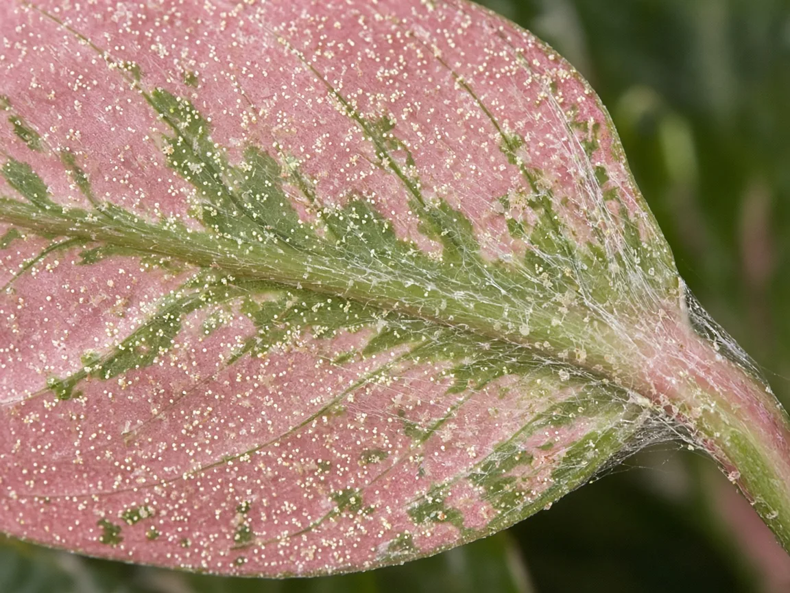 Close-up of fine yellow stippling and delicate webbing along the underside of a rose-pink variegated Aglaonema Lady Valentine leaf