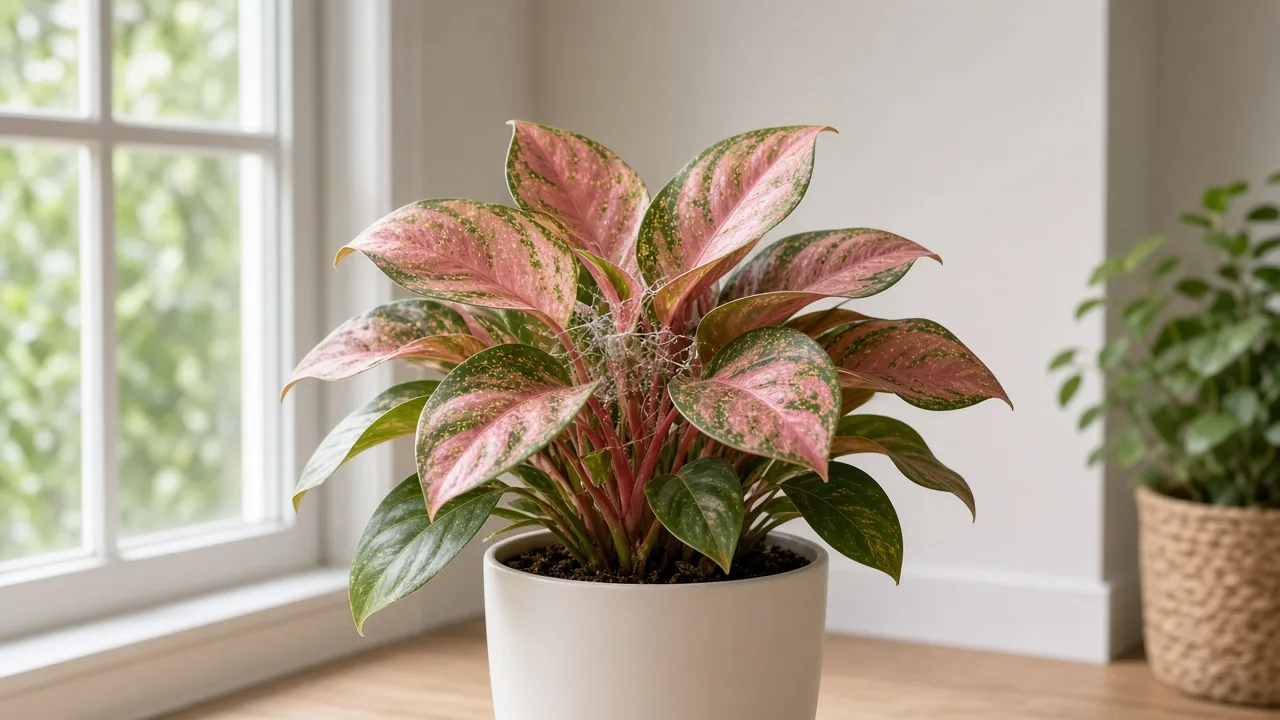 Spider mites on Aglaonema Lady Valentine - fine stippling on rose-pink variegated Chinese evergreen leaves in an upright clump