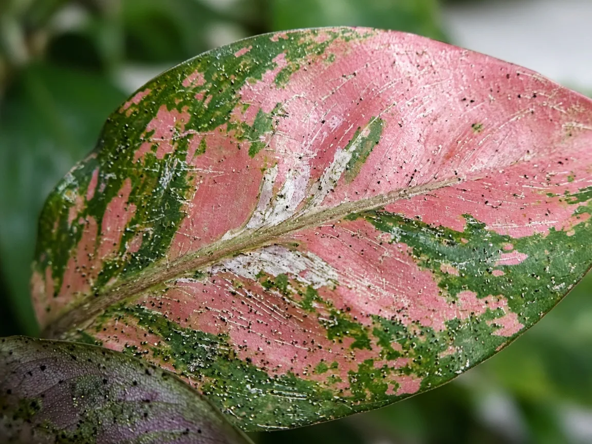 Close-up of thrips damage on Aglaonema Lady Valentine - silvery streaks and black frass on a broad rose-pink variegated leaf