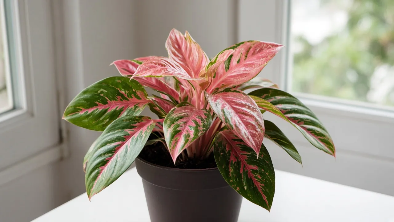 Thrips on Aglaonema Lady Valentine - silvery streaks on broad rose-pink variegated crown leaves