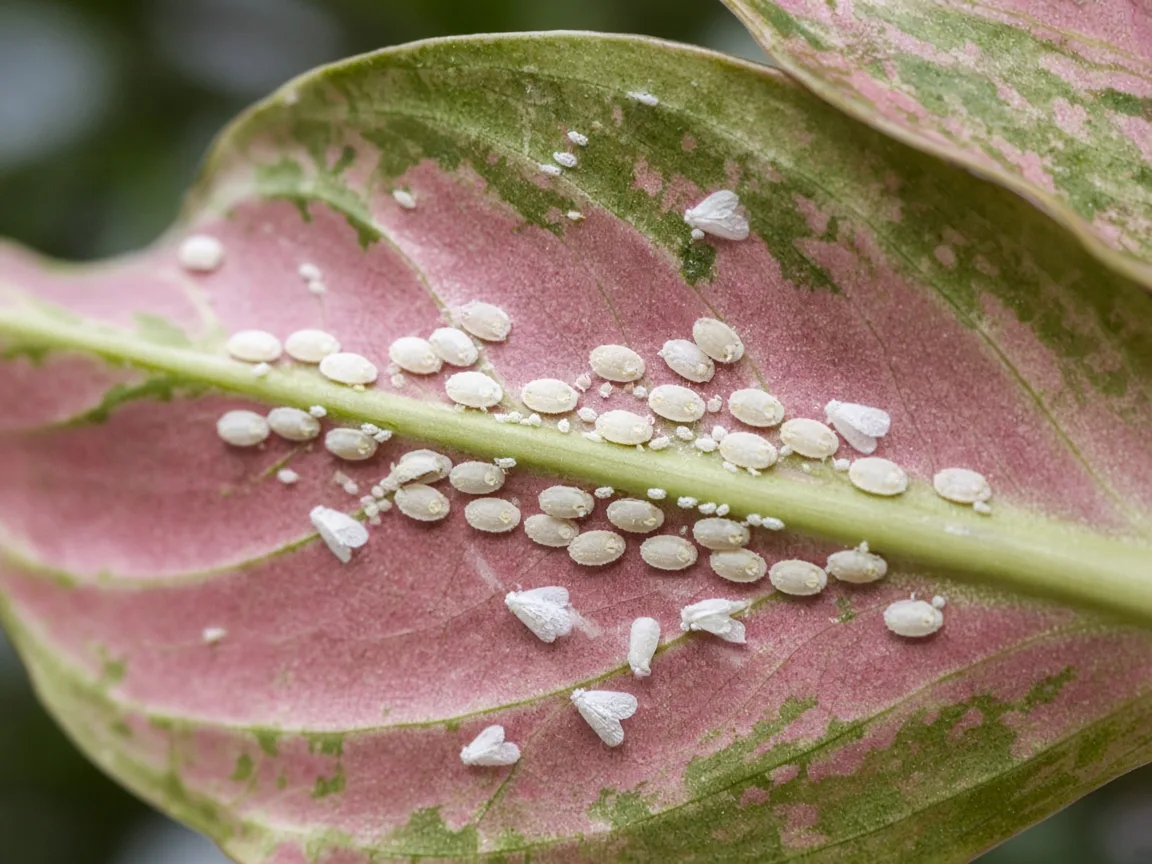 Close-up of whitefly nymph disks on the underside of a broad pink-blushed Aglaonema Lady Valentine leaf