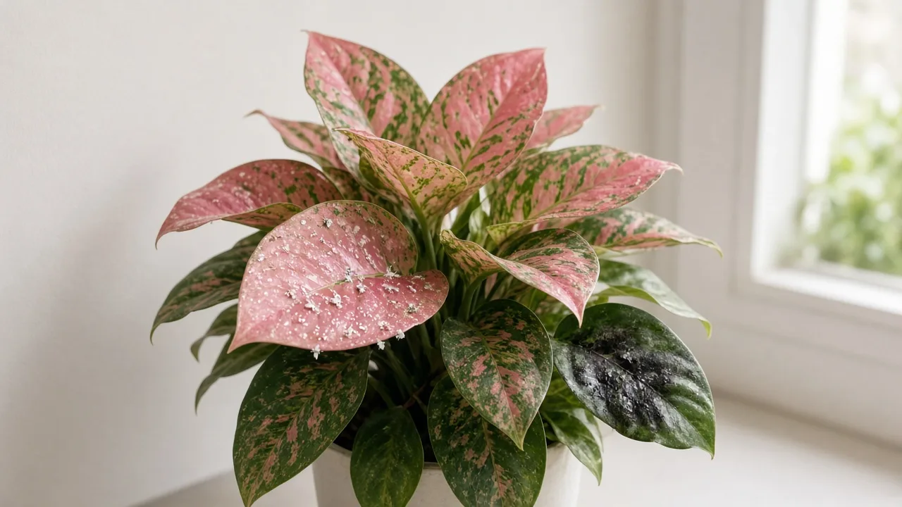 Whiteflies on Aglaonema Lady Valentine - tiny white insects on broad pink-blushed leaf undersides