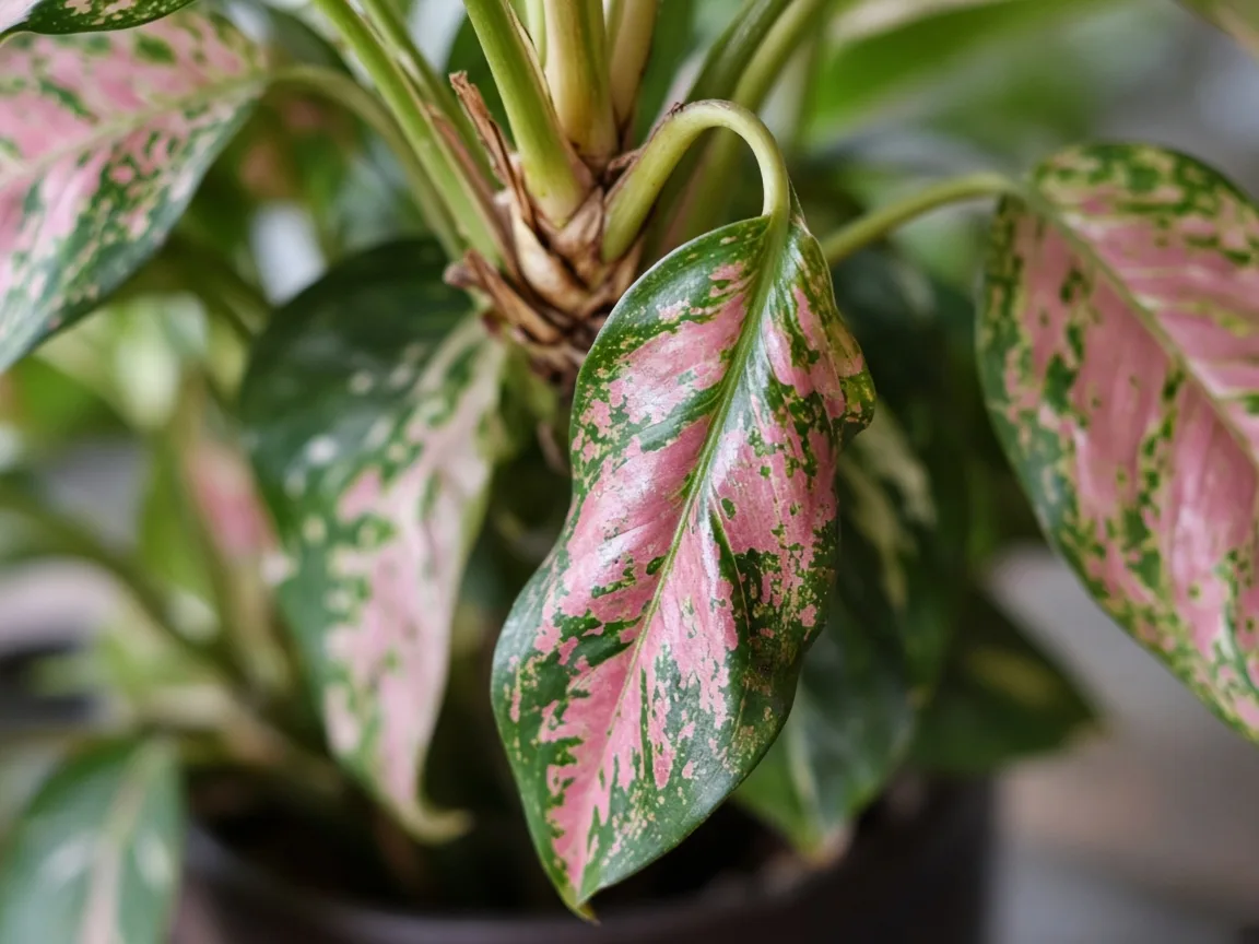Close-up of wilting on Aglaonema Lady Valentine - limp collapsed petiole and drooping rose-pink variegated leaf at the crown