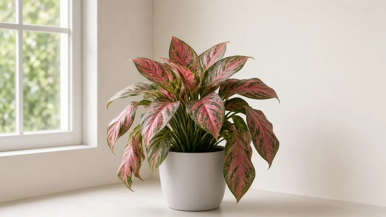 Wilting on Aglaonema Lady Valentine - upright pink-blushed Chinese evergreen clump collapsed with limp broad foliage