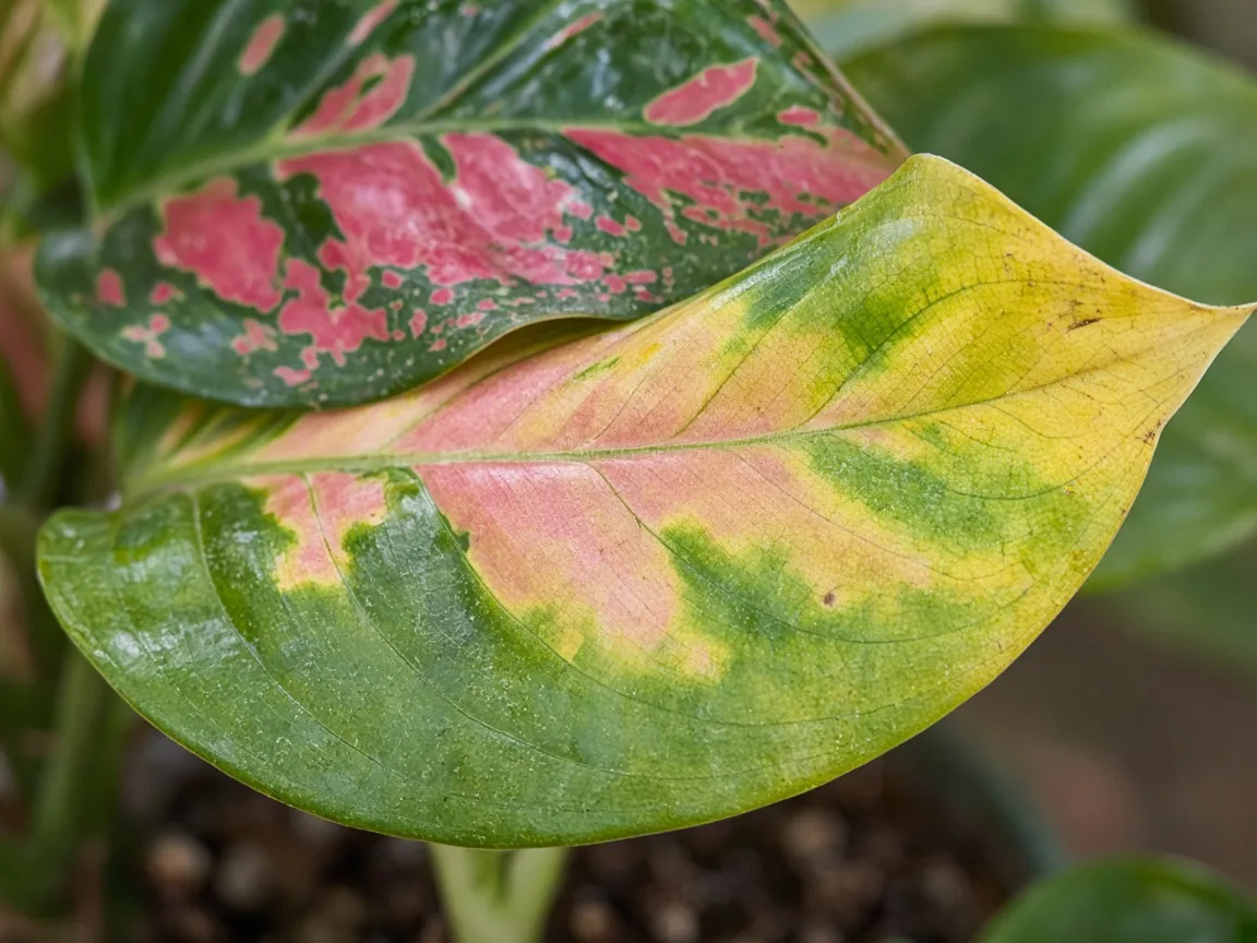 Close-up of yellow lower broad leaf with faded rose-pink zones on Aglaonema Lady Valentine