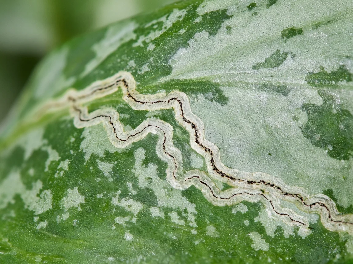 Close-up of a pale serpentine leaf miner tunnel inside a patterned Aglaonema Chinese evergreen lance leaf with silver and green variegation