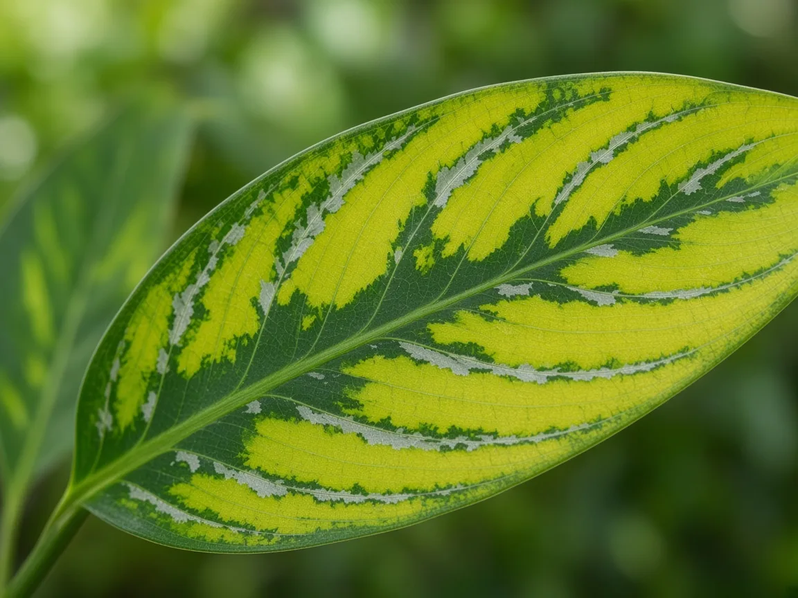 Close-up of interveinal chlorosis on older Aglaonema leaf