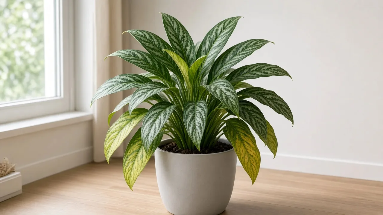 Magnesium deficiency on Aglaonema - yellow between green veins on older lower lance leaves